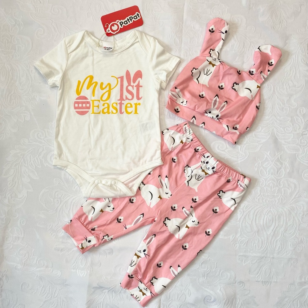 3Pcs Baby Girl Easter Outfits Letter Print Short Sleeve Romper, Trousers and Hat